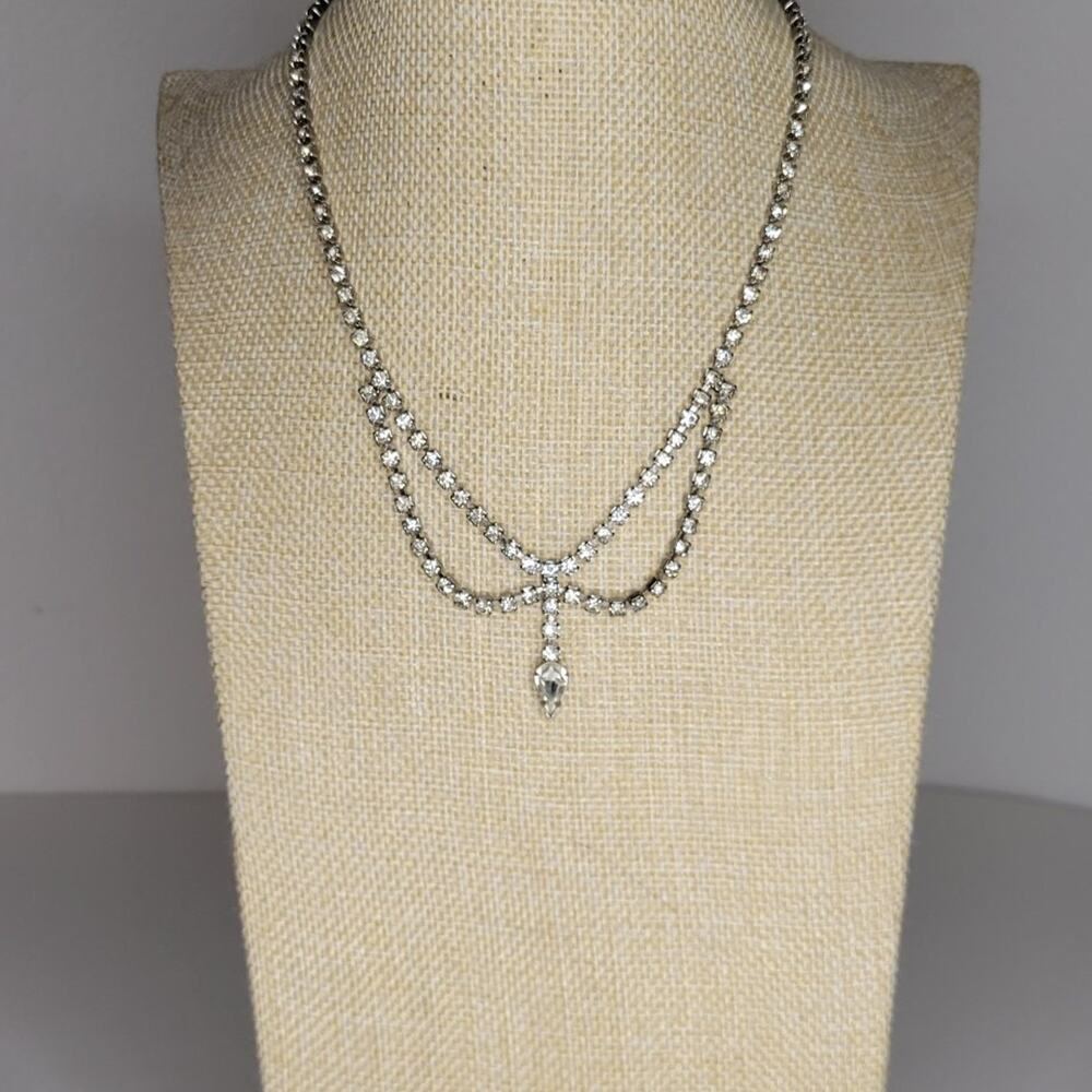Vintage Diamond Drop Silver Tone Rhinestone Necklace